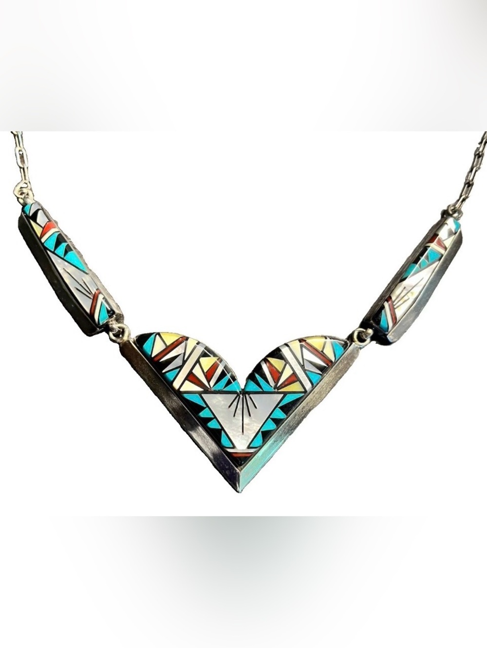 T&J Vintage Zuni Sterling Silver Inlaid Turquoise Necklace, 24"